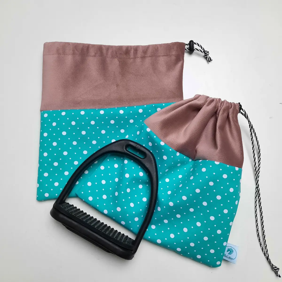 Two-tone blue polka dot stirrup bags/covers