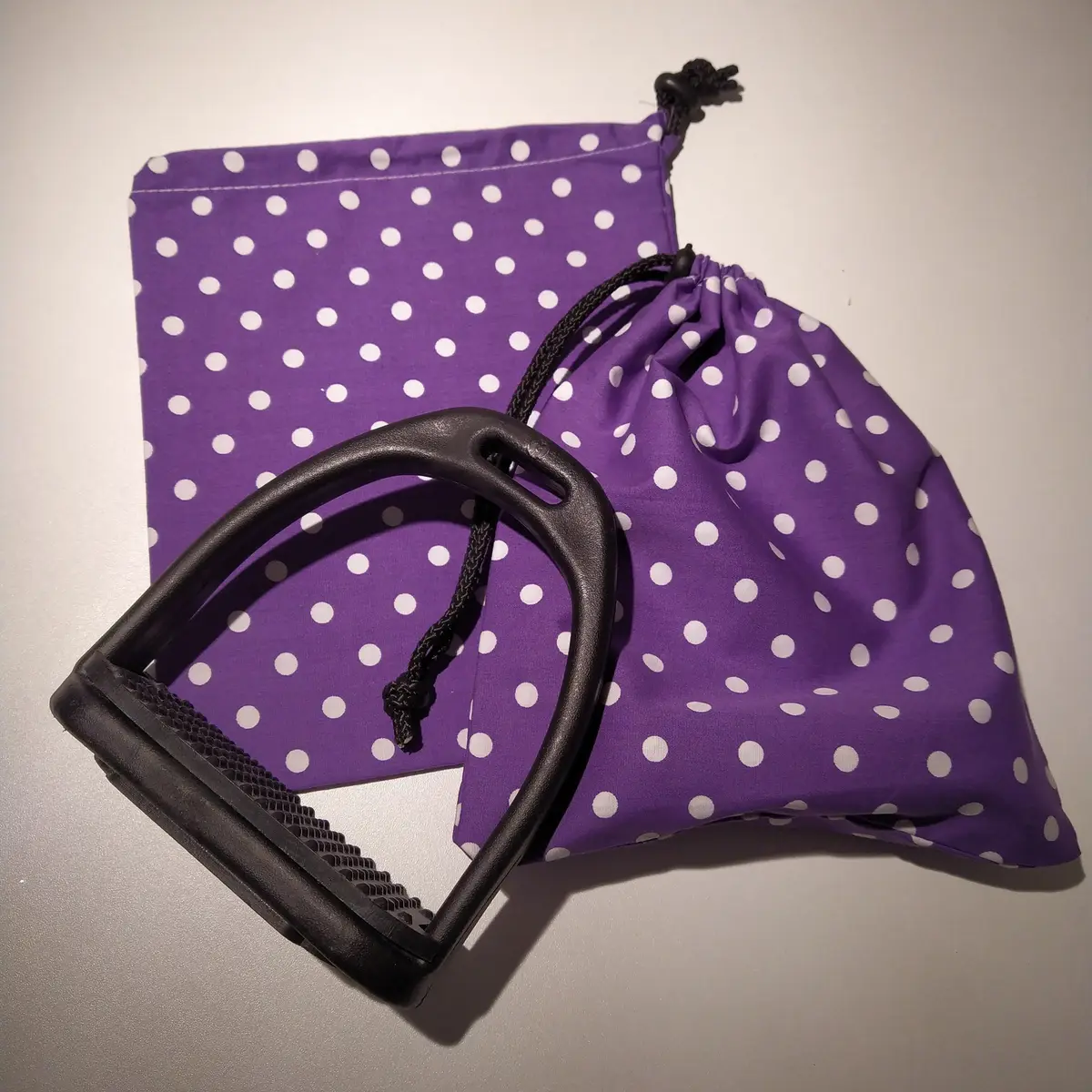 Purple polka dot stirrup bags/covers