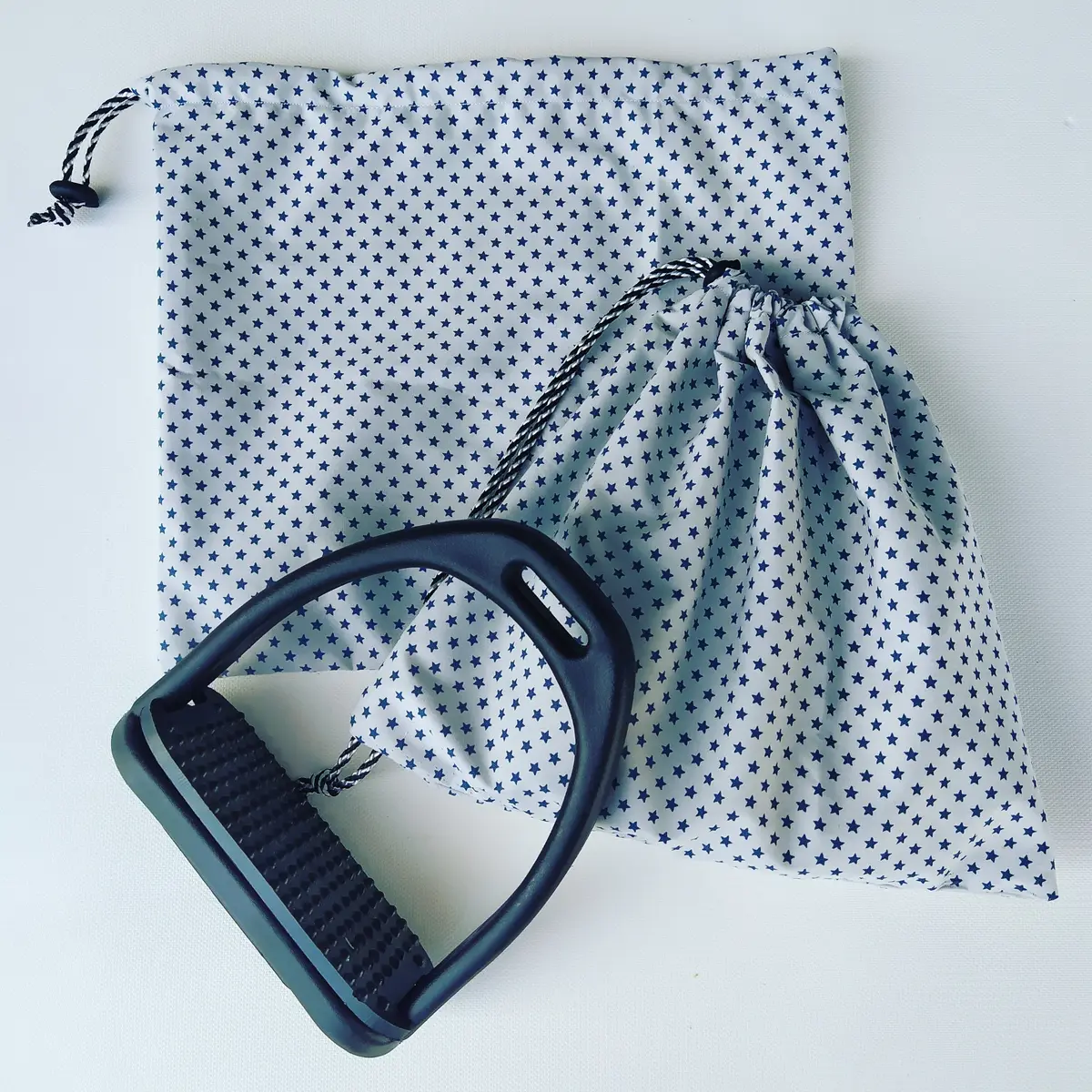 Ecru with blue stars stirrup bags/covers