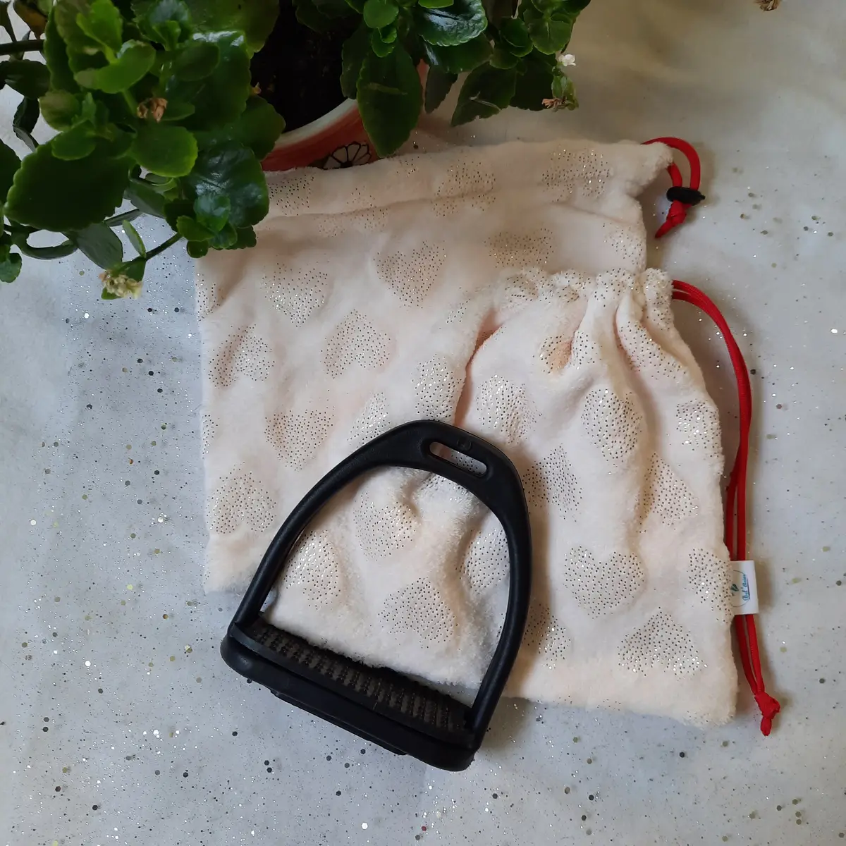 Beige fleece with gold hearts stirrup bags/covers