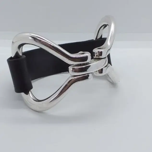 Silver-plated 'double bit' leather and steel bracelet 1