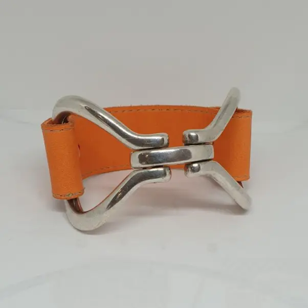 Silver-plated 'double bit' leather and steel bracelet 2