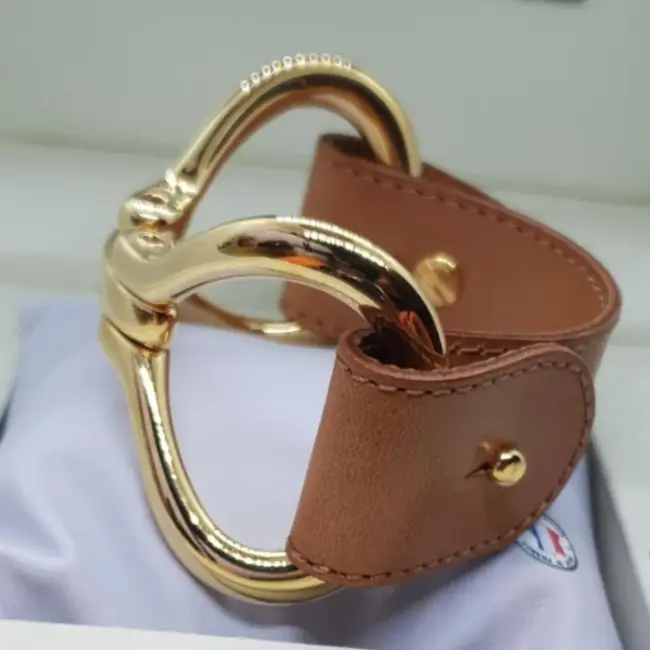 Gold-plated 'double bit' leather and steel bracelet 1
