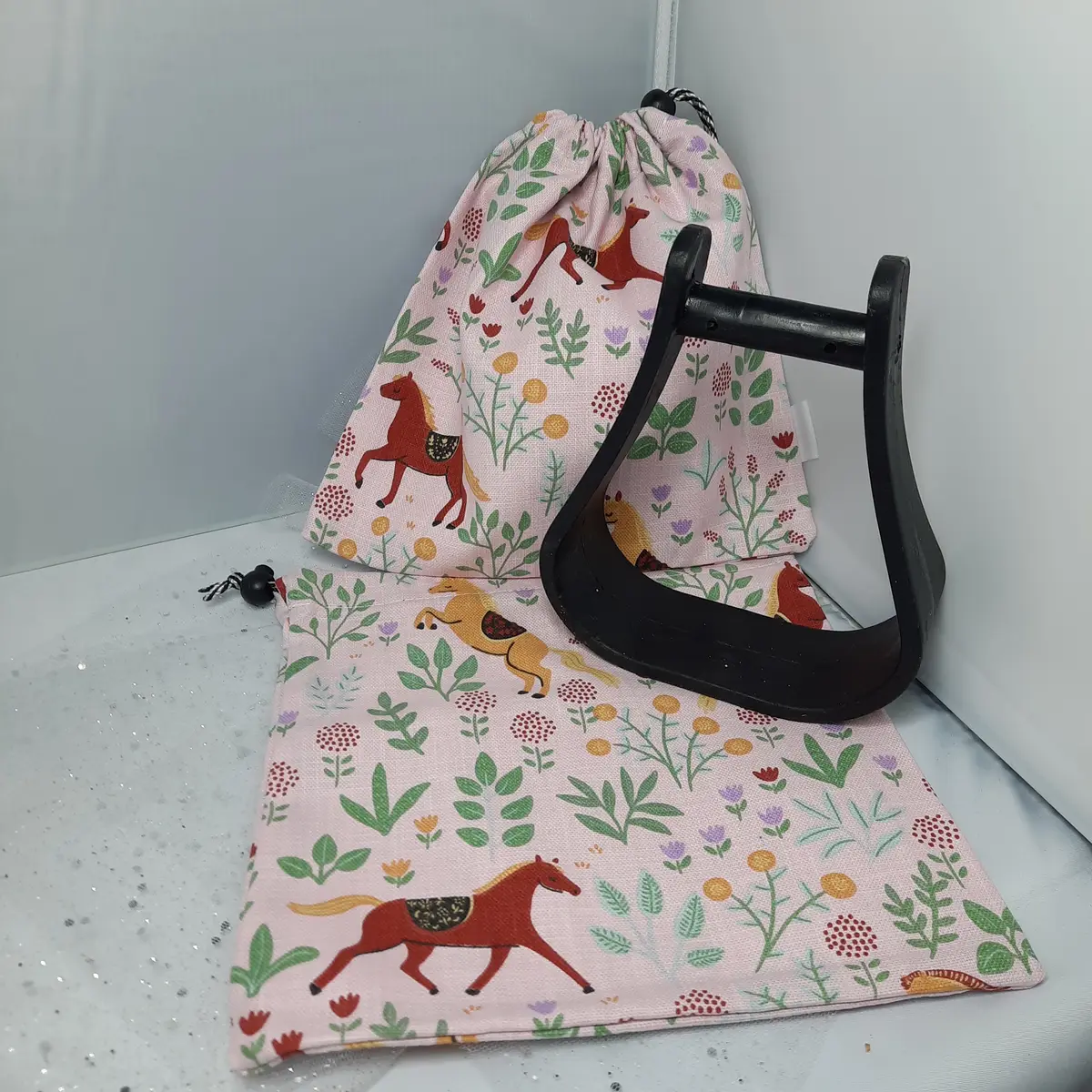 Pink horses stirrup bags/covers