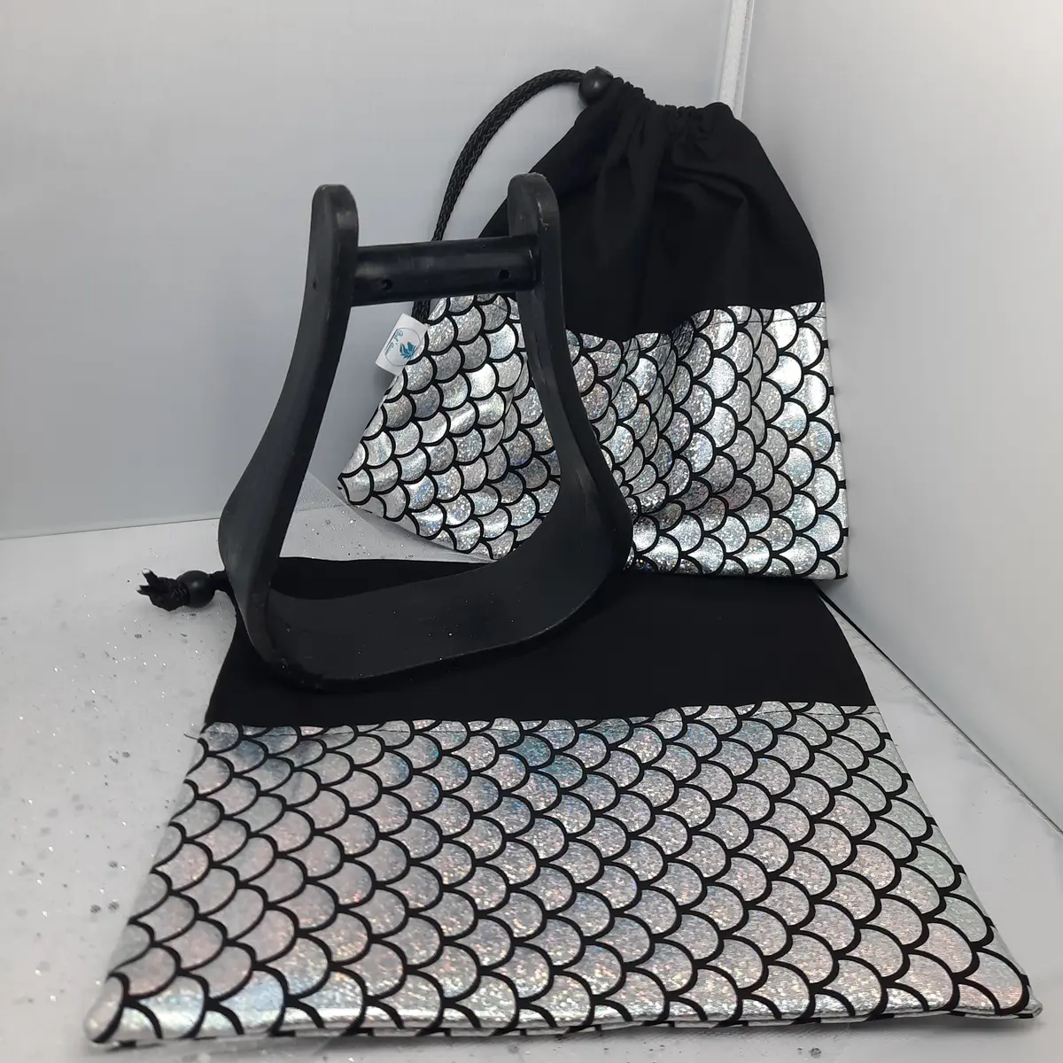 Two-tone black with silver scales stirrup bags/covers