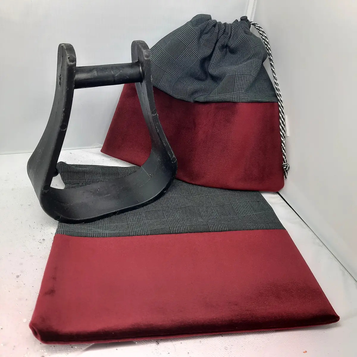 Two-tone burgundy Prince of Wales check stirrup bags/covers