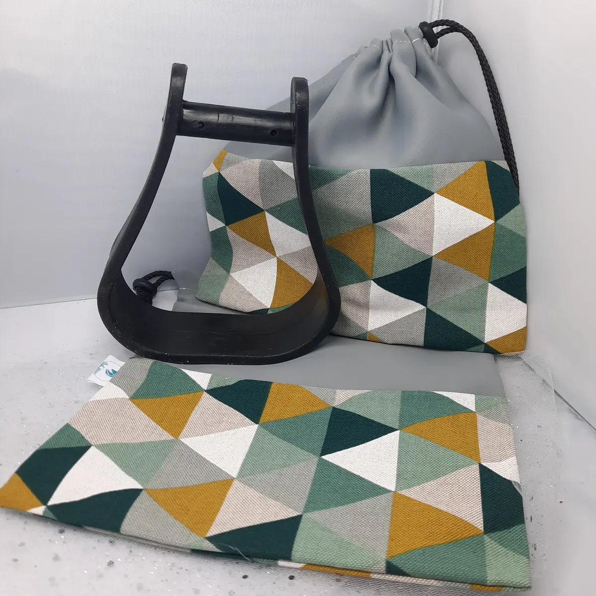 Two-tone grey triangles stirrup bags/covers