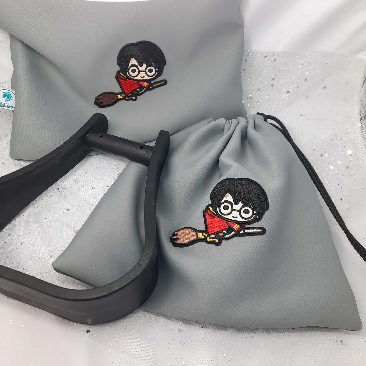 Grey Harry Potter broomstick stirrup bags/covers