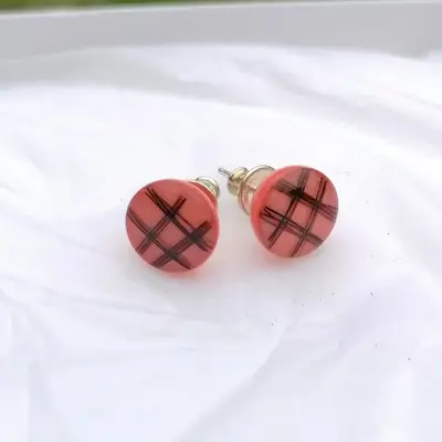 Pink tartan stud earrings 1