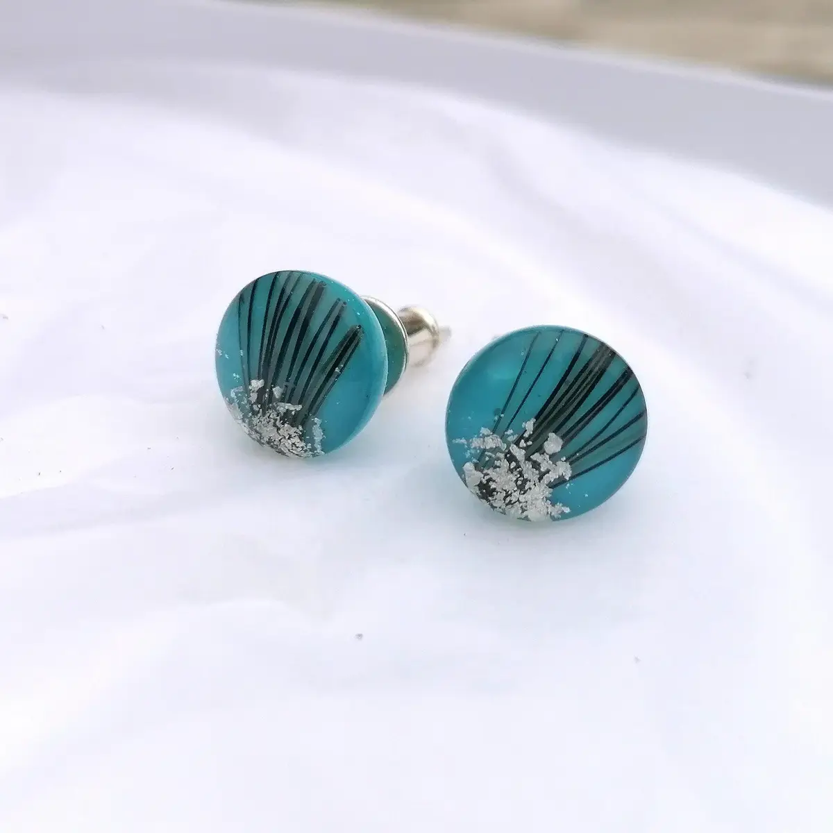 Blue and silver fan earrings